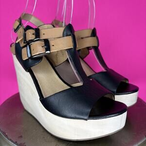 Matiko Tressa Black, Tan leather Wood Platform Wedge Sandal US 6.5